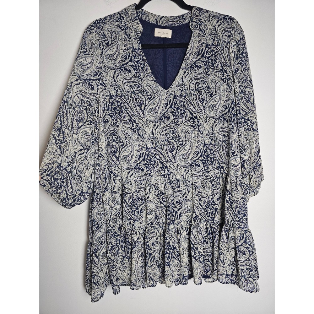 Boho Melloday Paisley Tiered Tunic Dress Women Large Navy Blue V-Neck 3/4 Sleeve